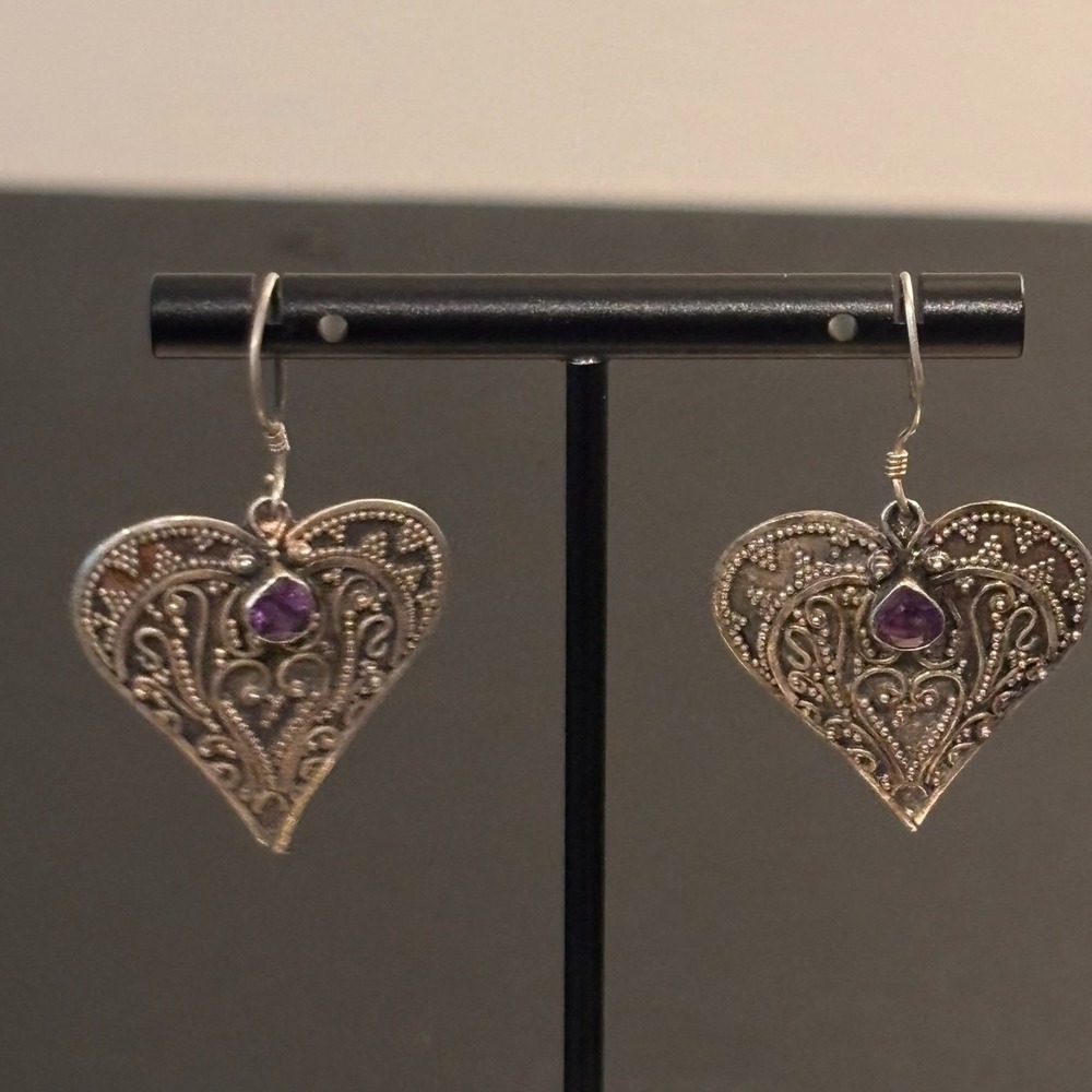 Vintage Sterling‎ Silver 925 Marcasite Heart Shaped amethyst  gemstone Earrings
